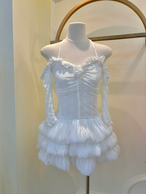 Halter Neck Mesh Satin Multi Layer Tiered Mini Dresses